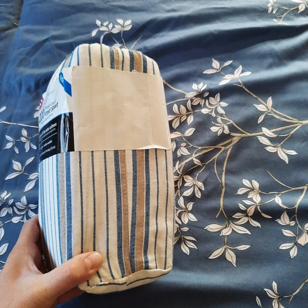 MAINSTAYS Shirt Stripe Print Cotton Percale Fitted Sheet NWT! - Blue/Tan, FULL